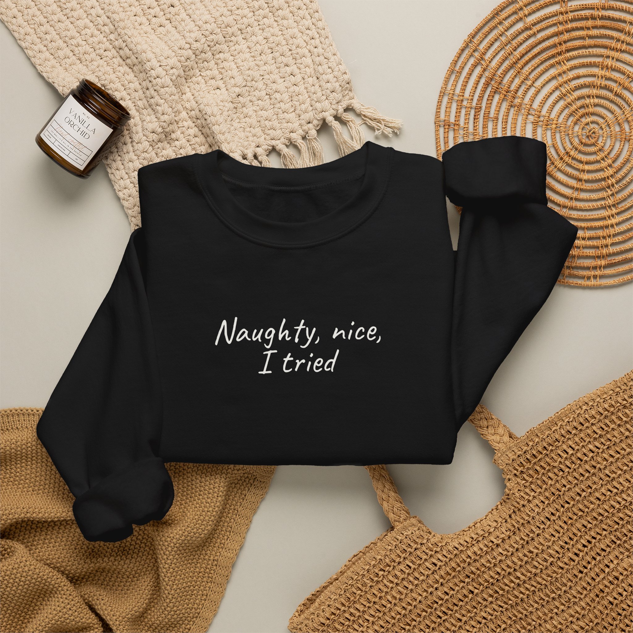 Naughty, Nice, I Tried Sweatshirt | Funny Sweatshirt | Gift for Holiday Party - White Text - Sweatshirt - Image 4
