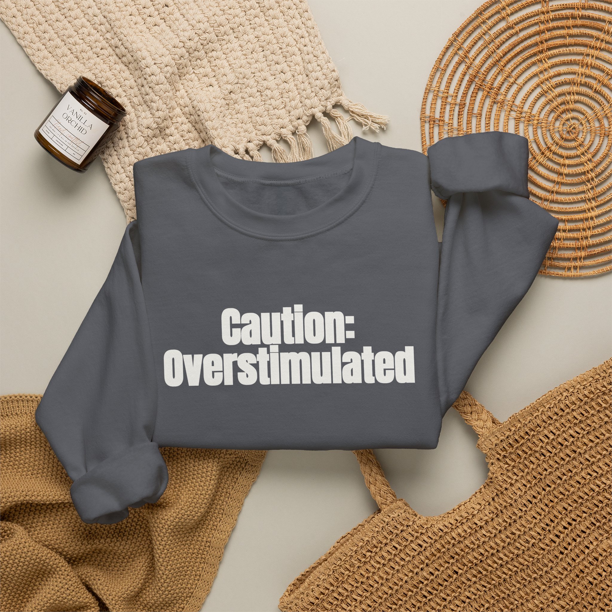Caution: Overstimulated Sweatshirt | Funny Sarcastic Sweatshirt | Gift for Introvert - White Text - Sweatshirt - Image 16