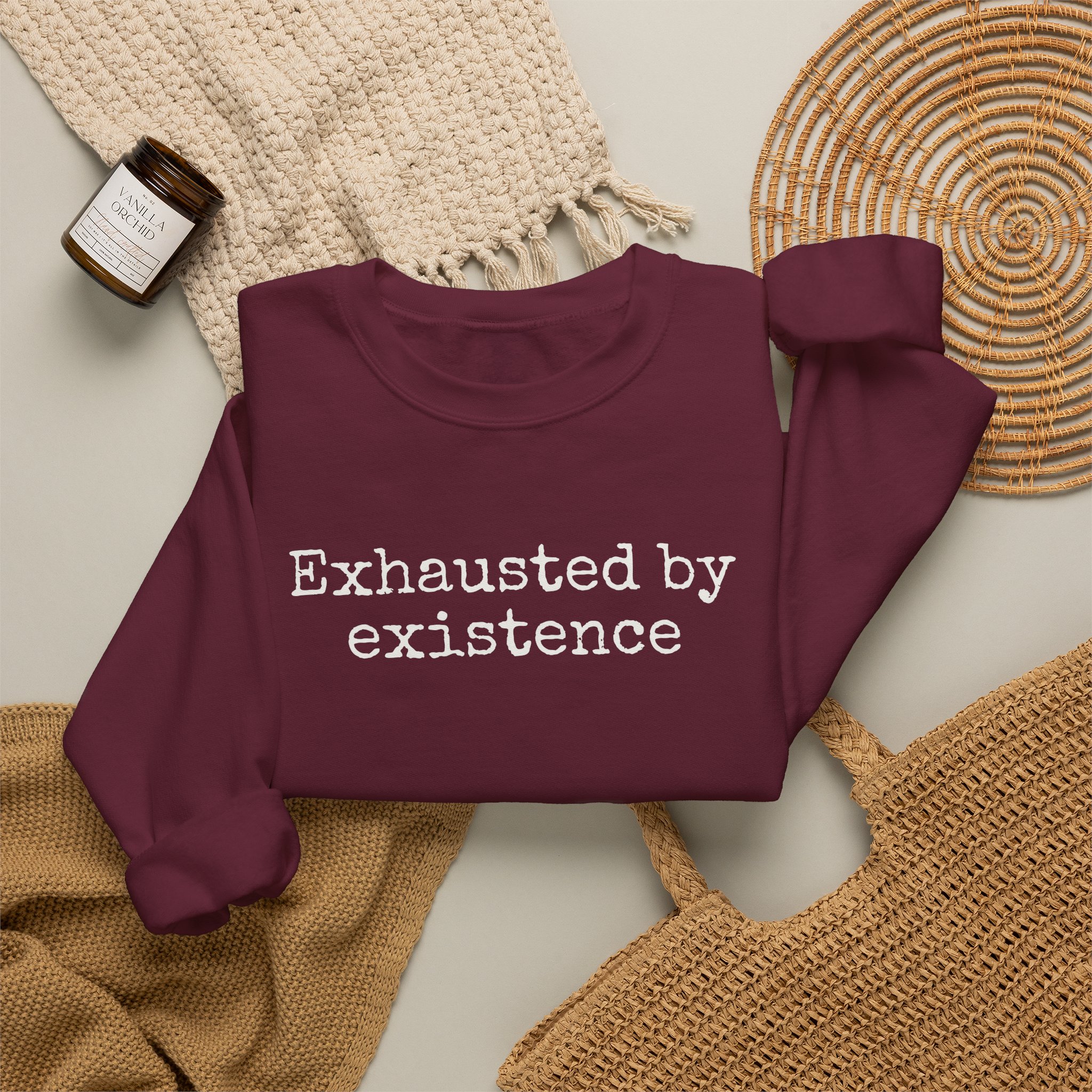 Exhausted By Existence Sweatshirt | Funny Sarcastic Sweatshirt | Gift For Introvert - White Text - Sweatshirt - Image 8