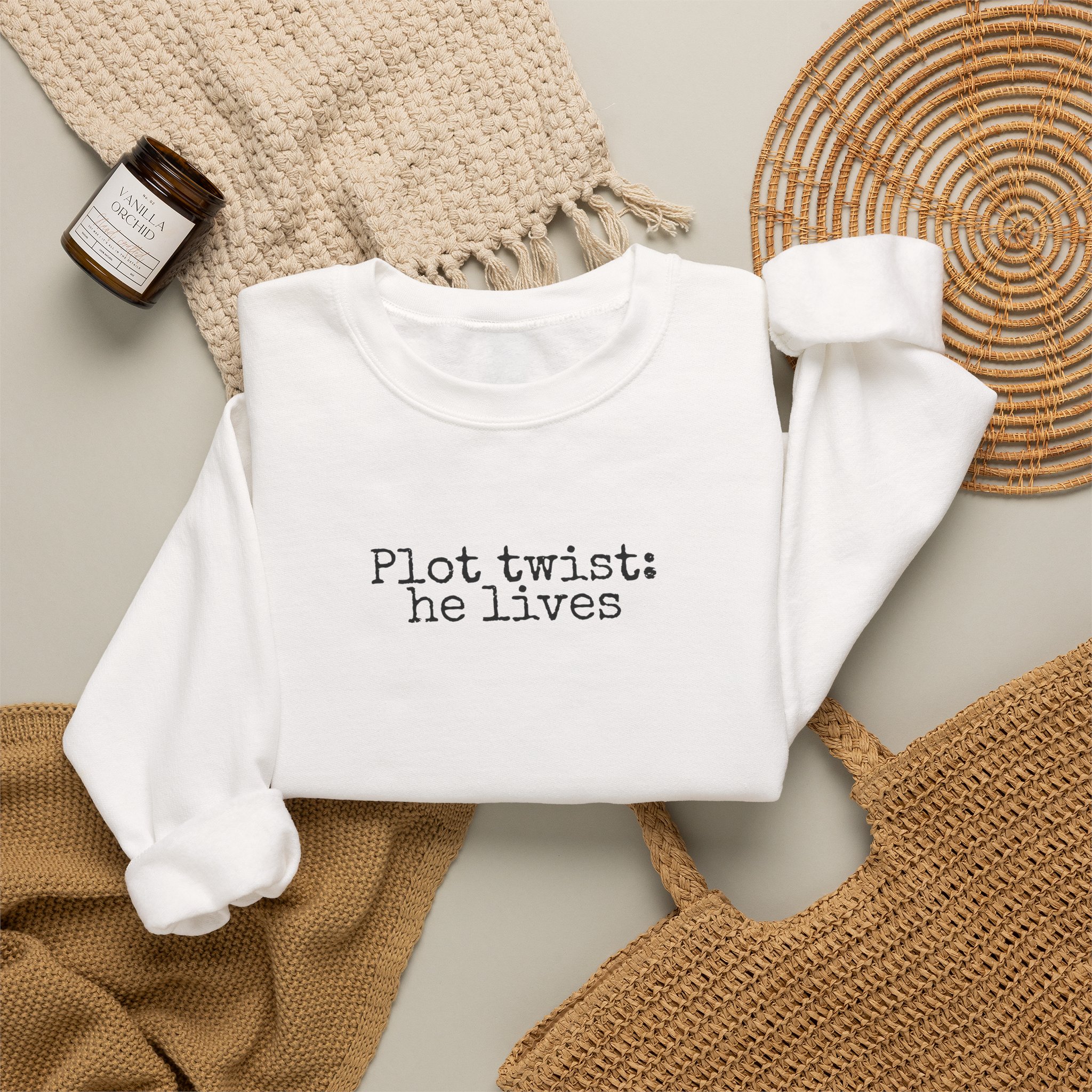 Plot Twist: He Lives Sweatshirt | Funny Bookish Sweatshirt | Gift for Readers - Black Text - Sweatshirt - Image 4