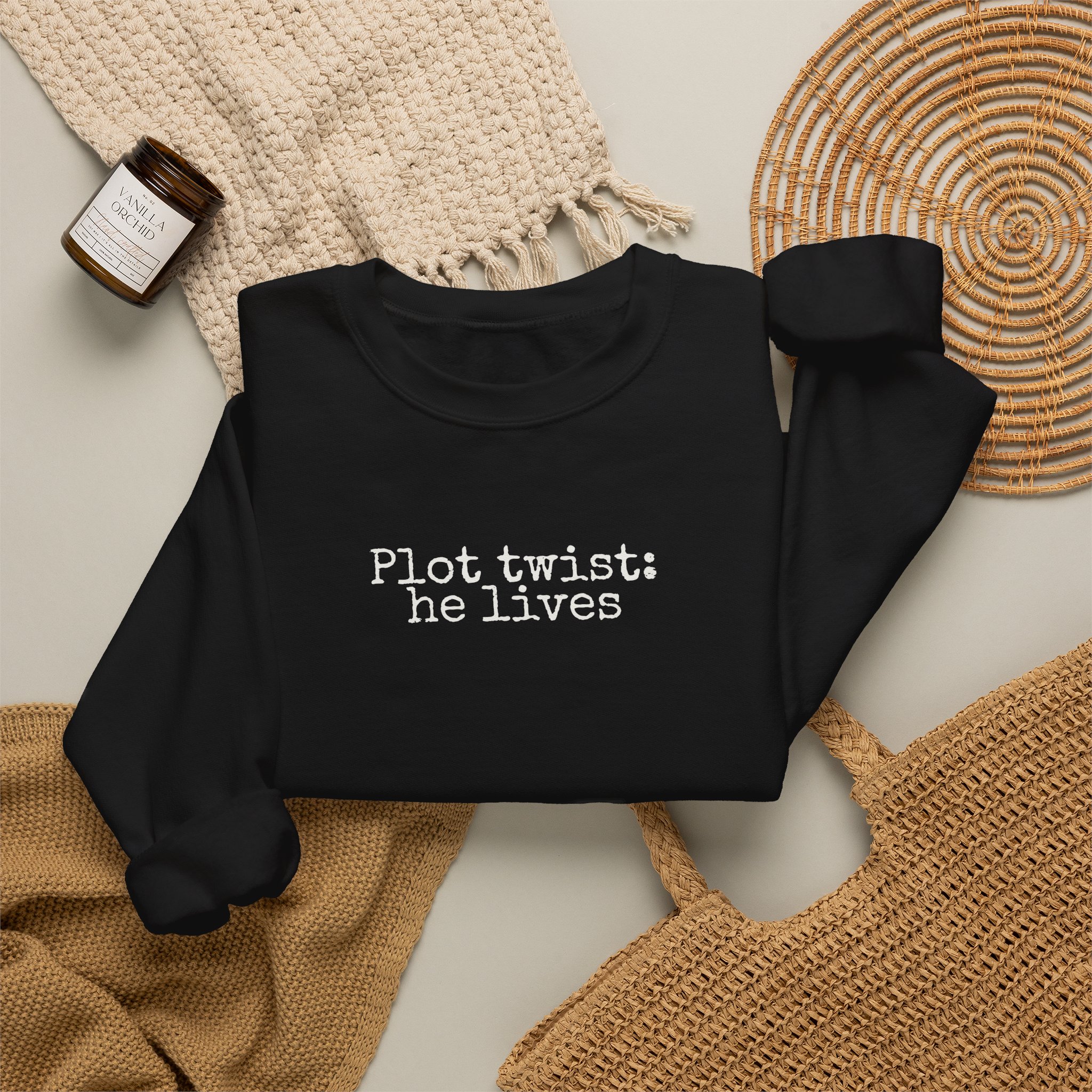 Plot Twist: He Lives Sweatshirt | Funny Bookish Sweatshirt | Gift for Readers - White Text - Sweatshirt - Image 4
