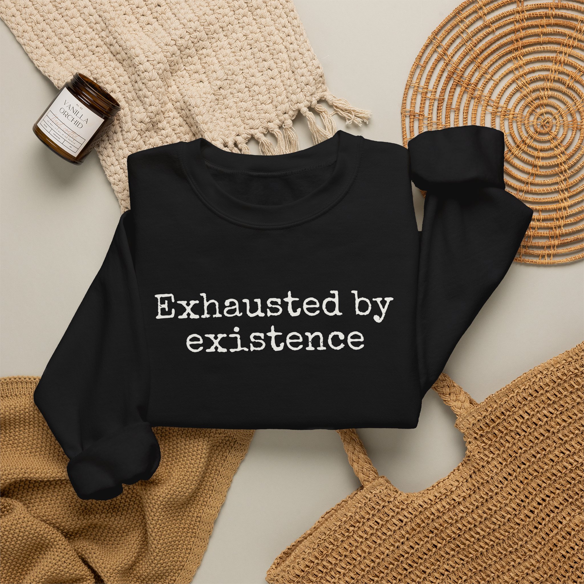 Exhausted By Existence Sweatshirt | Funny Sarcastic Sweatshirt | Gift For Introvert - White Text - Sweatshirt - Image 4