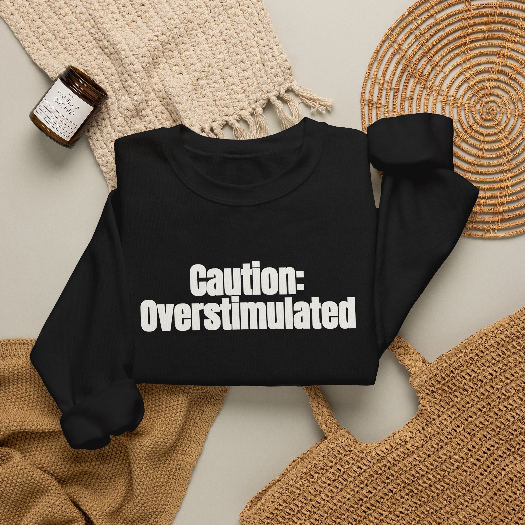 Caution: Overstimulated Sweatshirt | Funny Sarcastic Sweatshirt | Gift for Introvert - White Text - Sweatshirt - Image 4