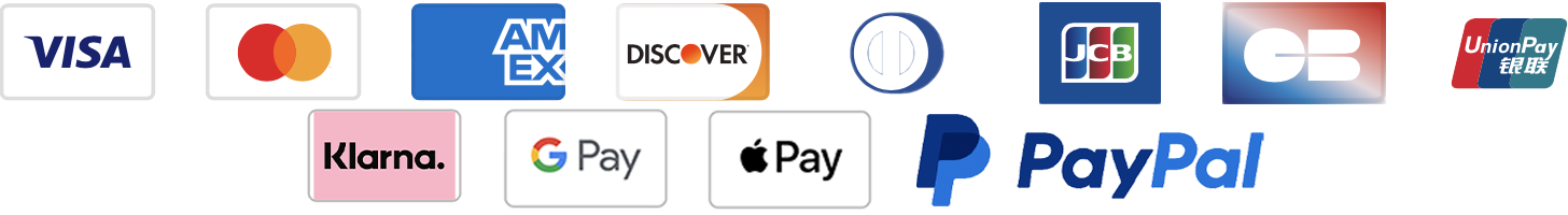 Accepted payment methods: Visa, Mastercard, American Express, Discover, Diners Club, JCB, Cartes Bancaires, UnionPay, Klarna, Google Pay, Apple Pay and PayPal