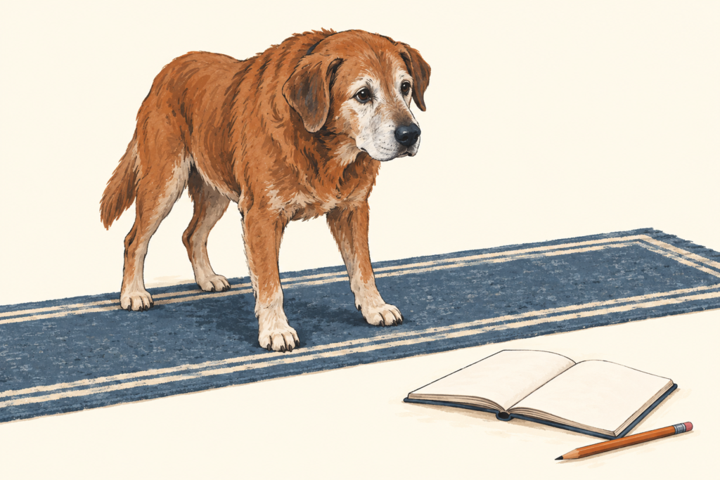 Ein älterer Hund steht auf einem Läuferteppich neben einem leeren Notizbuch und Bleistift.