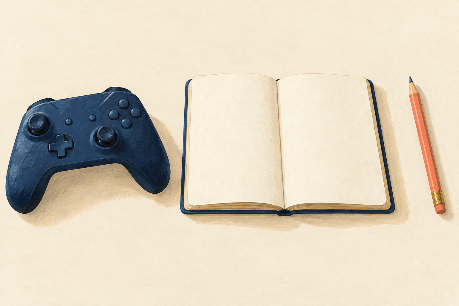 Ein Gamecontroller, ein offenes leeres Notizbuch und ein Bleistift liegen getrennt auf einer cremefarbenen Tischplatte.