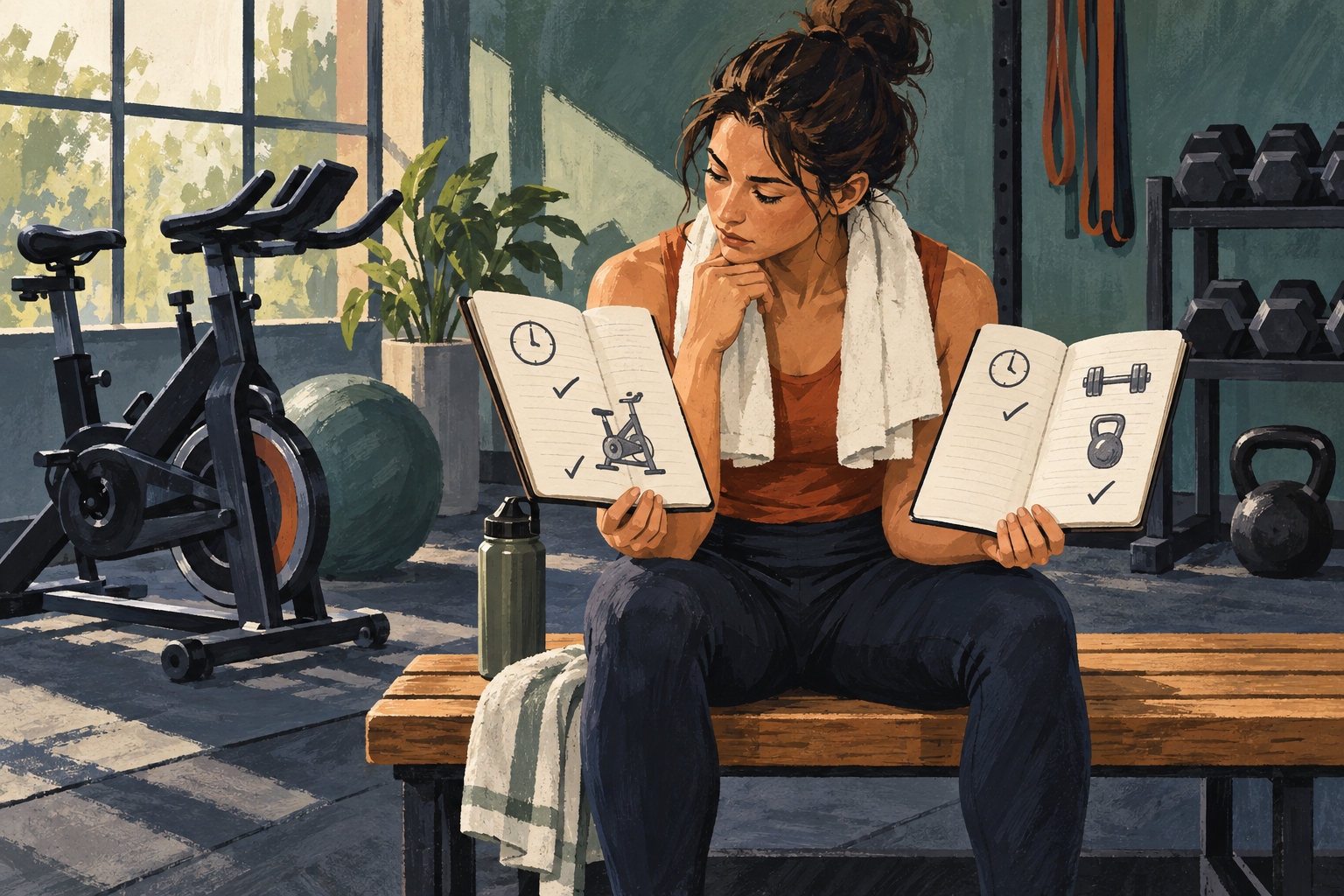 Ein Fitnesssportler vergleicht separate Notizbücher neben Ausdauer- und Kraftgeräten.