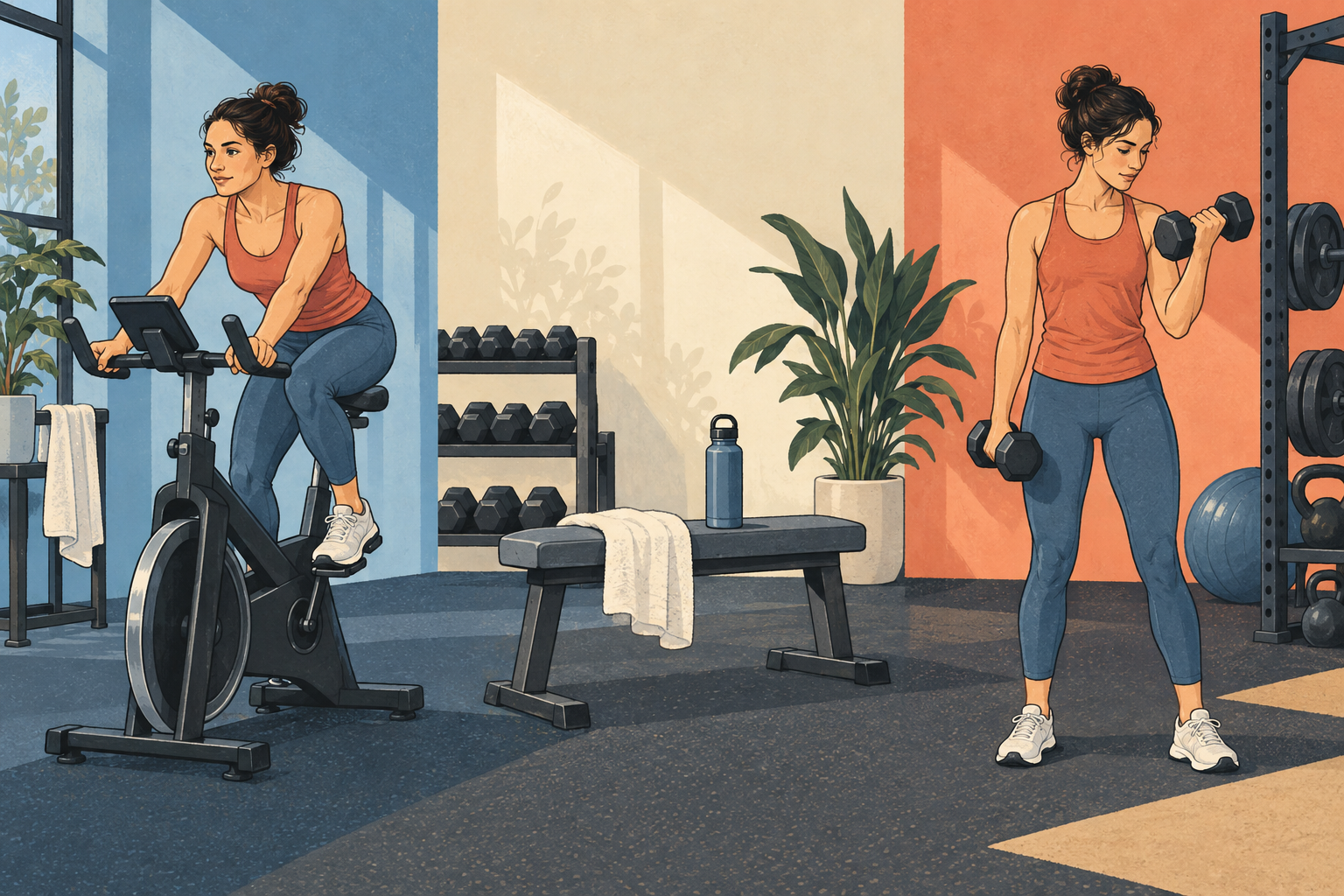 Ein Fitnessstudiobesuch aufgeteilt in Aerobic‑, Kraft‑ und Übergangsphasen