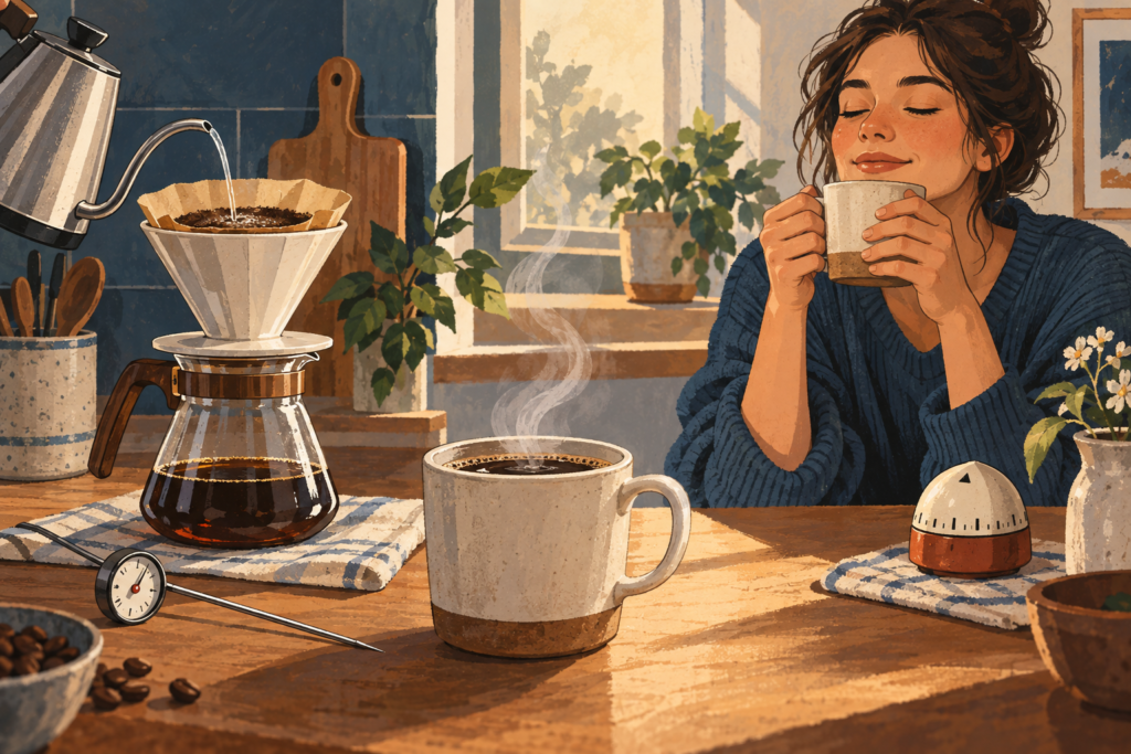 Kaffee‑Setup zu Hause mit Messung des Brühwassers und einem separaten ersten Schluck‑Moment.