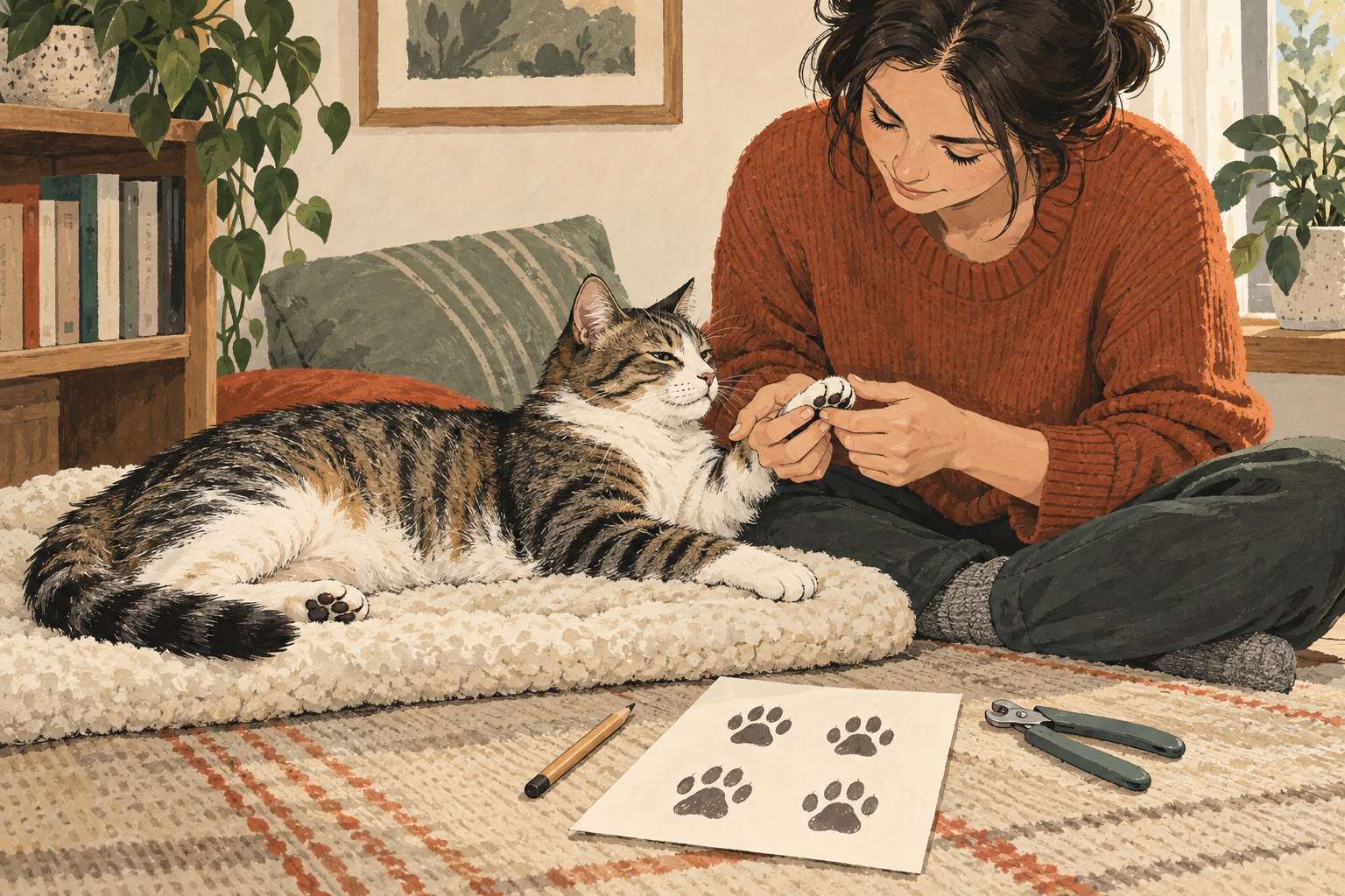 Eine entspannte Katze hat eine Pfote ruhig neben einer Papierpfoten-Karte und einer geschlossenen Krallenschere untersuchen lassen.