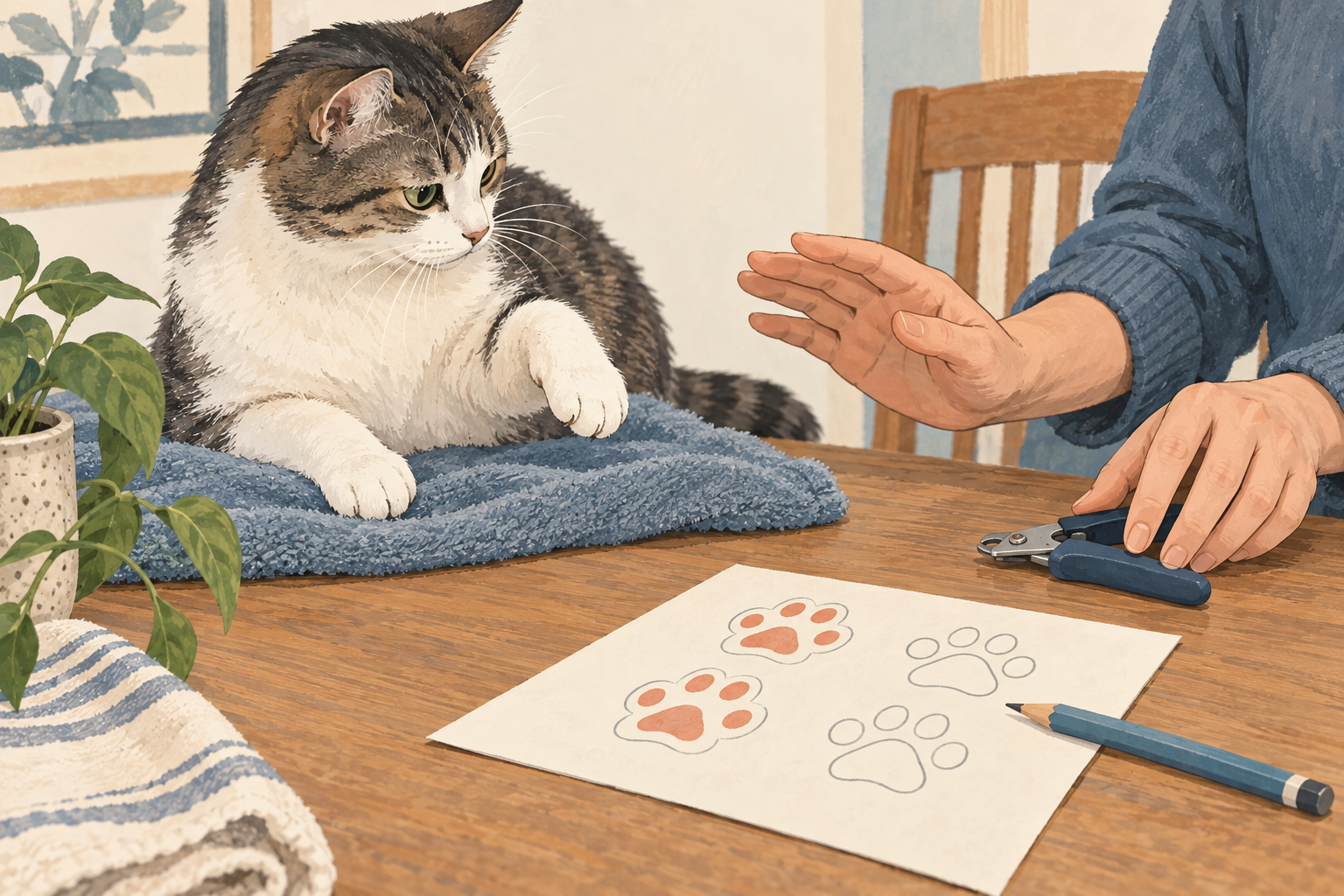 Ein Besitzer legt die Schere beiseite, als die Katze die Pfote zurückzieht, und notiert dann den Haltpunkt.